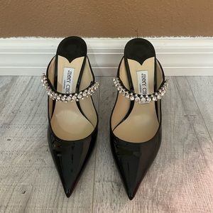 Jimmy Choo Bing 100 Black Pantent Leather Mules with Crystal Strap size 39